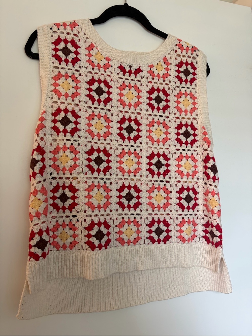 Lucky Brand Cream Crochet Tank with Pink, Red & Yellow Floral Squares